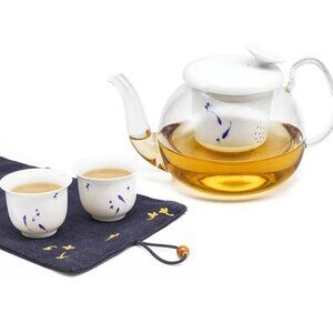 zens infuser tea set NIB 20 oz clear glass teapot 2 porcelain teacups (W6298)